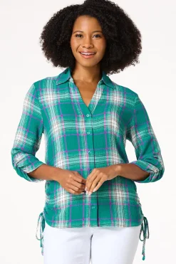 Cato Ruched Plaid Shirt> Tops