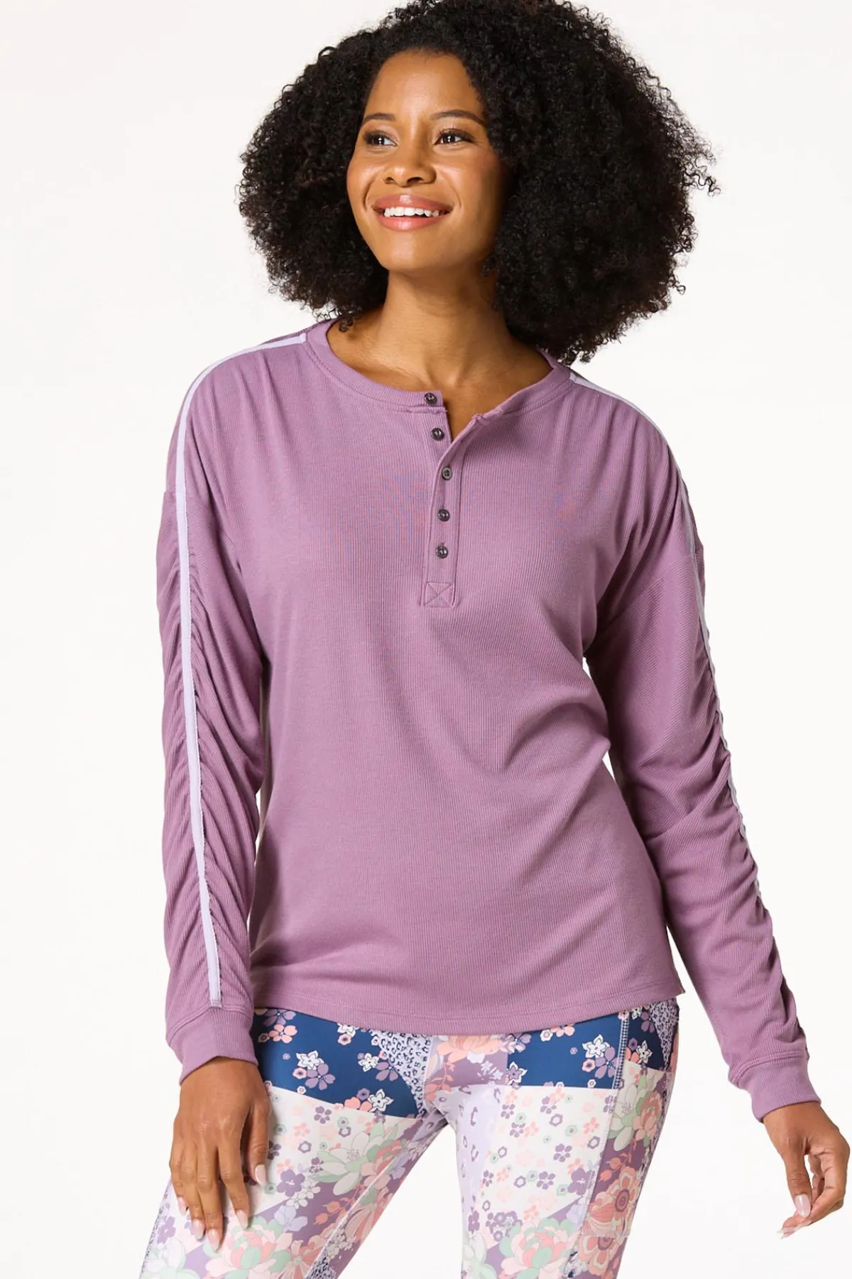 Cato Ruched Ribbed Henley Top> Athleisure|Tops
