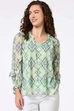 Cato Ruffled Aztec Print Top> Tops