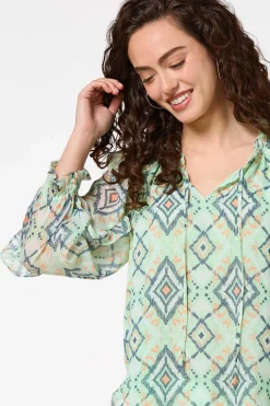 Cato Ruffled Aztec Print Top><noscript><img width=