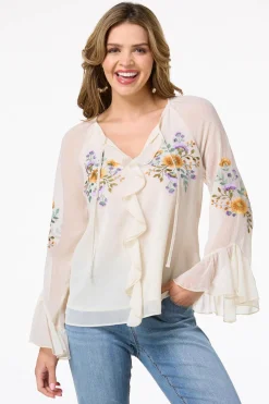 Cato Ruffled Embroidered Poet Top> Tops