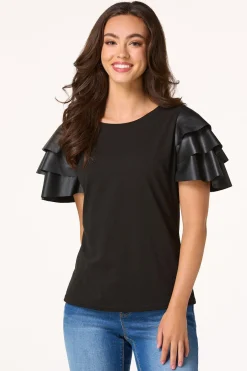 Cato Ruffled Faux Leather Sleeve Tee> Tops