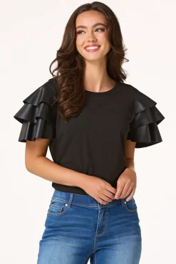Cato Ruffled Faux Leather Sleeve Tee><noscript><img width=