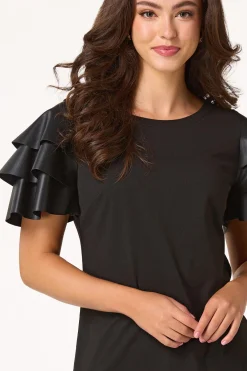 Cato Ruffled Faux Leather Sleeve Tee><noscript><img width=