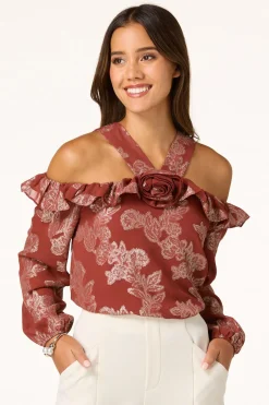 Cato Ruffled Metallic Floral Top><noscript><img width=
