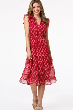 Cato Ruffled Red Leaf Midi Dress> Dresses