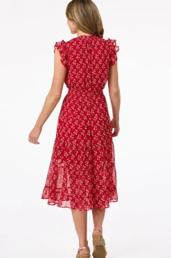 Cato Ruffled Red Leaf Midi Dress> Dresses