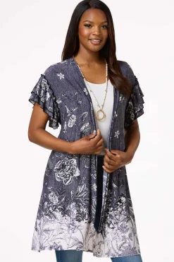 Cato Ruffled Sketch Floral Kimono> Tops