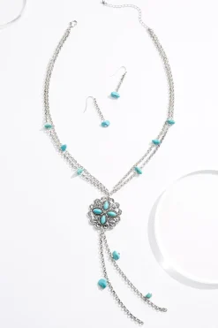 Cato Semi- Precious Flower Tassel Necklace Set> Sets