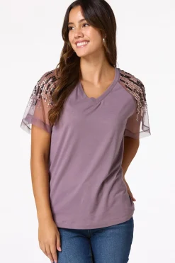 Cato Sequin Mesh Sleeve Top> Tops