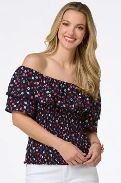 Cato Smocked Navy Floral Top> Tops