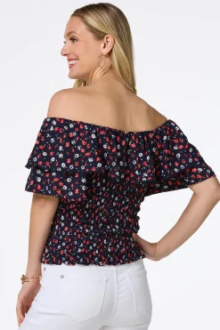 Cato Smocked Navy Floral Top> Tops