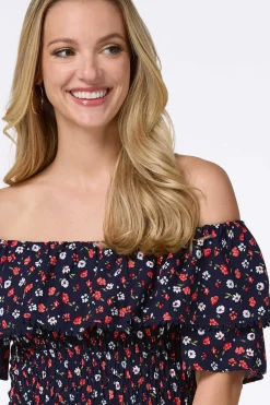 Cato Smocked Navy Floral Top><noscript><img width=