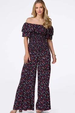 Cato Smocked Navy Floral Top><noscript><img width=