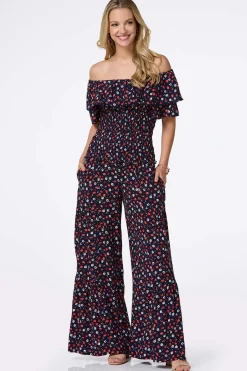 Cato Smocked Navy Floral Top><noscript><img width=