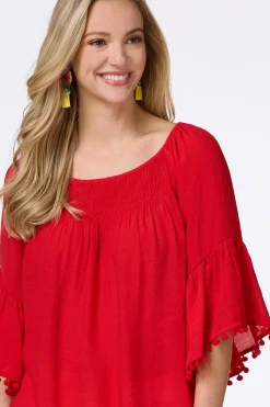 Cato Smocked Pom Sleeve Poet Top><noscript><img width=