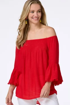 Cato Smocked Pom Sleeve Poet Top><noscript><img width=