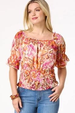 Cato Smocked Sunrise Floral Top> Tops