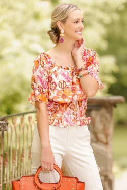 Cato Smocked Sunrise Floral Top><noscript><img width=