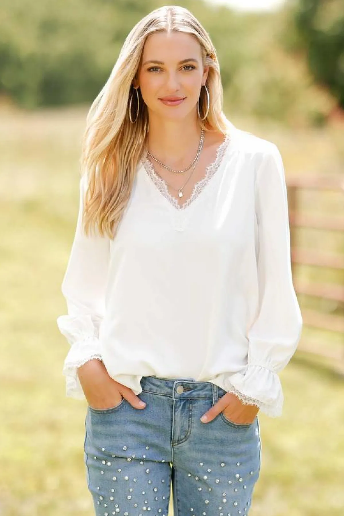 Cato Solid Lace Trim Top> Tops