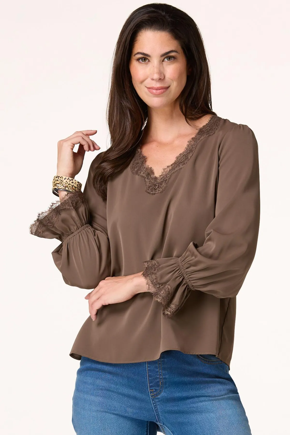 Cato Solid Lace Trim Top> Tops