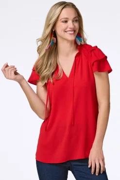 Cato Solid Ruffled Crepe Top> Tops