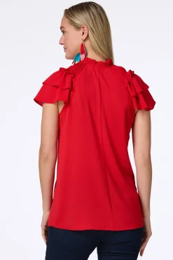 Cato Solid Ruffled Crepe Top> Tops