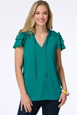 Cato Solid Ruffled Crepe Top><noscript><img width=