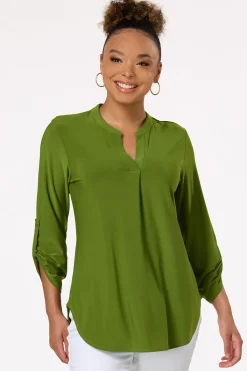 Cato Solid Split V- Neck Top> Tops