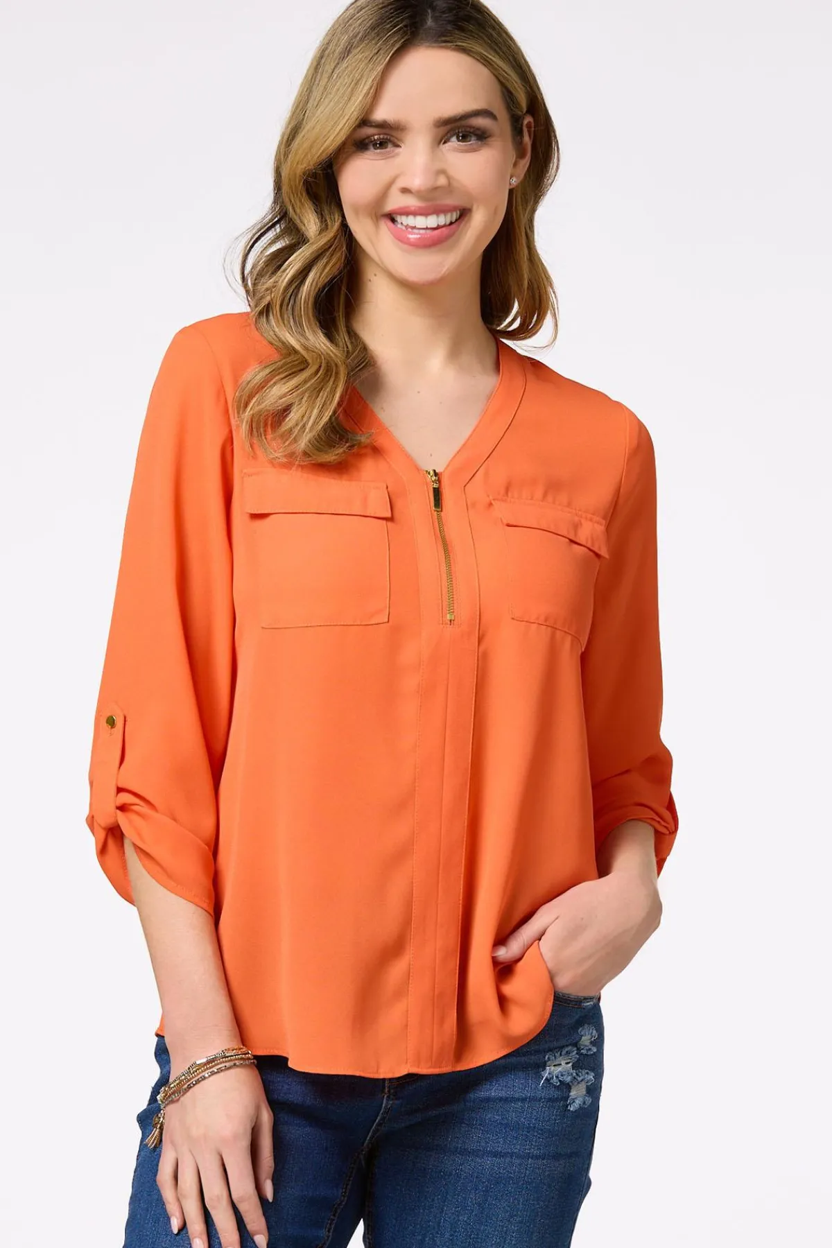 Cato Solid Zip Neckline Top> Tops