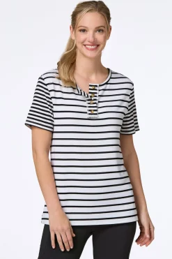 Cato Stripe Ribbed Henley> Athleisure|Tops