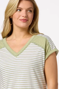 Cato Striped Lace Trim Top><noscript><img width=