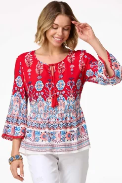 Cato Tasseled Border Print Top><noscript><img width=