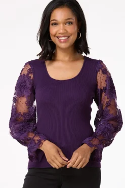 Cato Textured Sheer Sleeve Sweater> Sweaters