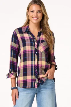 Cato Waffled Berry Plaid Shirt> Tops