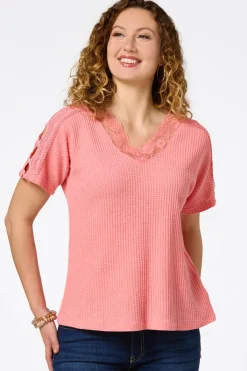 Cato Waffled Lace Trim Top> Tops