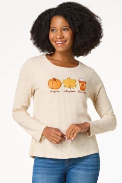 Cato Waffled Pumpkin Leaves Latte Top> Tops