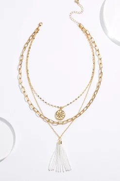 Cato White Seed Bead Tassel Layered Necklace> Necklaces