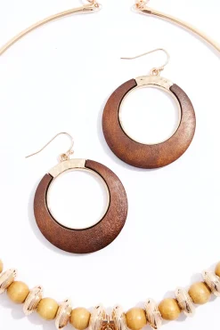 Cato Wood Circle Gold Pendant Necklace Set><noscript><img width=