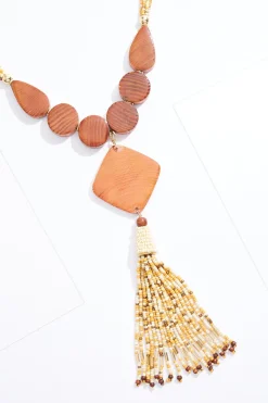Cato Wood Multi Bead Tassel Necklace><noscript><img width=
