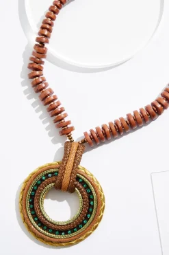 Cato Wood Rope Green Stone Pendant Necklace><noscript><img width=