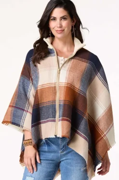 Cato Zip Front Collared Plaid Poncho> Cold Weather