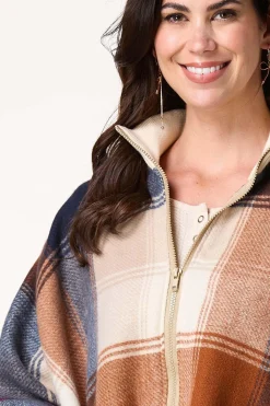 Cato Zip Front Collared Plaid Poncho><noscript><img width=